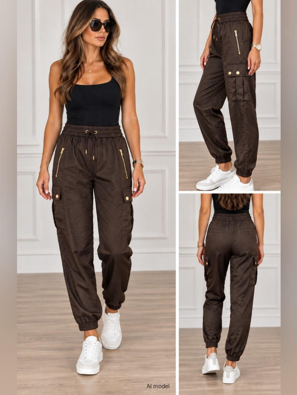 Michael Kors Brown Satin Cargo Jogger Pants Gold Hardware Size 4